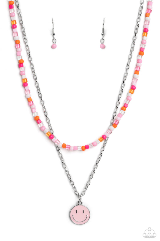 High School Reunion - Pink Smiley Face - Light Pink, White, Orange, Hot Pink Seed Bead Necklace Paparazzi N1583