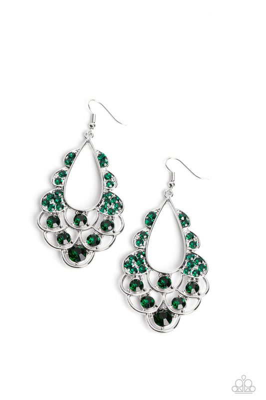 Majestic Masquerade - Green Emerald Gem Silver Teardrop Earring Paparazzi E1585