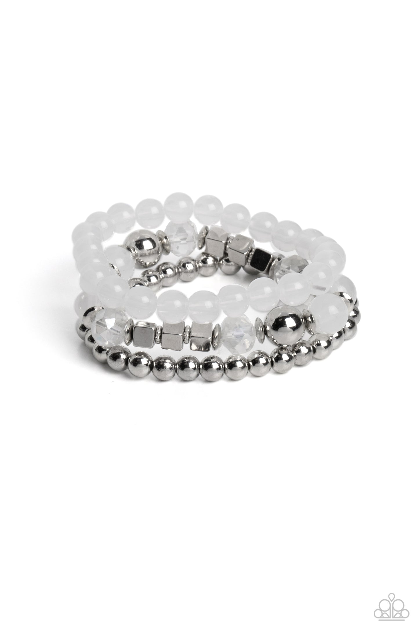 CUBE Your Enthusiasm - White & Silver Stretch Bracelets Paparazzi B1094