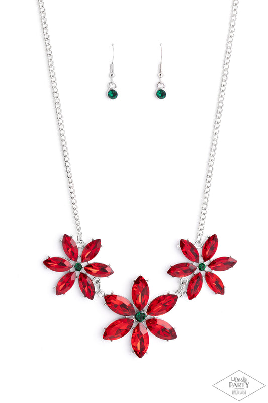 Meadow Muse - Multi Red Rhinestone & Emerald Green Rhinestone Poinsettia Style Christmas Flower Necklace Life Of The Party Pink Diamond Encore Paparazzi N1802