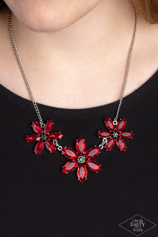 Meadow Muse - Multi Red Rhinestone & Emerald Green Rhinestone Poinsettia Style Christmas Flower Necklace Life Of The Party Pink Diamond Encore Paparazzi N1802