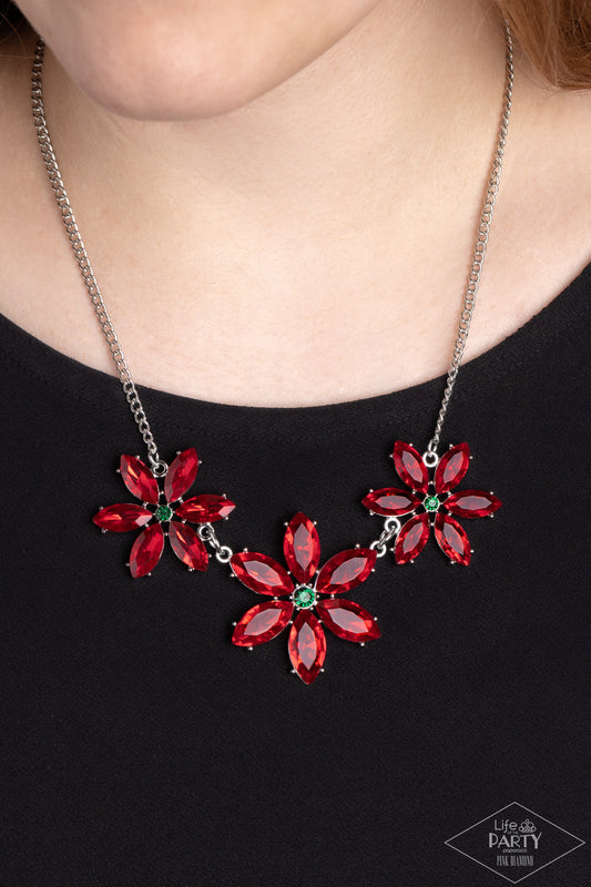 Meadow Muse - Multi Red Marquise Emerald Green Center Rhinestone Flower Necklace Life Of The Party Pink Diamond Encore Paparazzi N1802