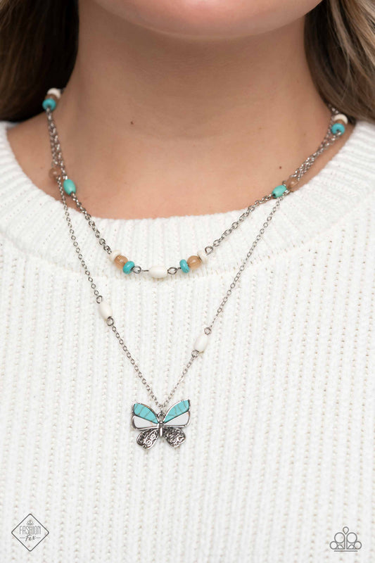 Free-Spirited Flutter - Blue Turquoise & White Stone Butterfly Santa Fe Style Necklace Fashion Fix January 2023 Paparazzi N2189