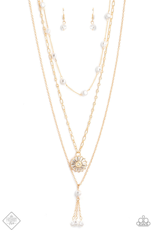 Audaciously Austen - Gold & White Pearl Multilayer Necklace Fashion Fix February 2023 Paparazzi N1377