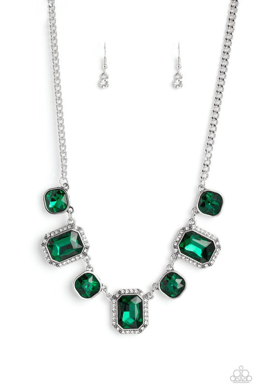 Royal Rumble - Green Emerald Gem White Rhinestone Necklace Paparazzi N1547