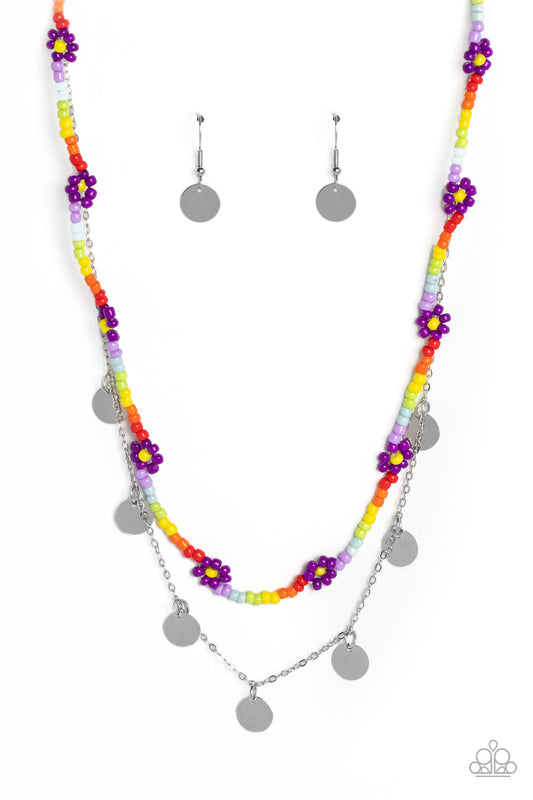 Rainbow Dash - Purple Flower & Multicolored Seed Bead Necklace Paparazzi N1521