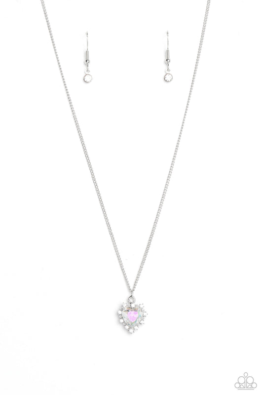 Be Still My Heart - Green Glassy Finish Gem & White Rhinestone Heart Necklace Paparazzi N2093