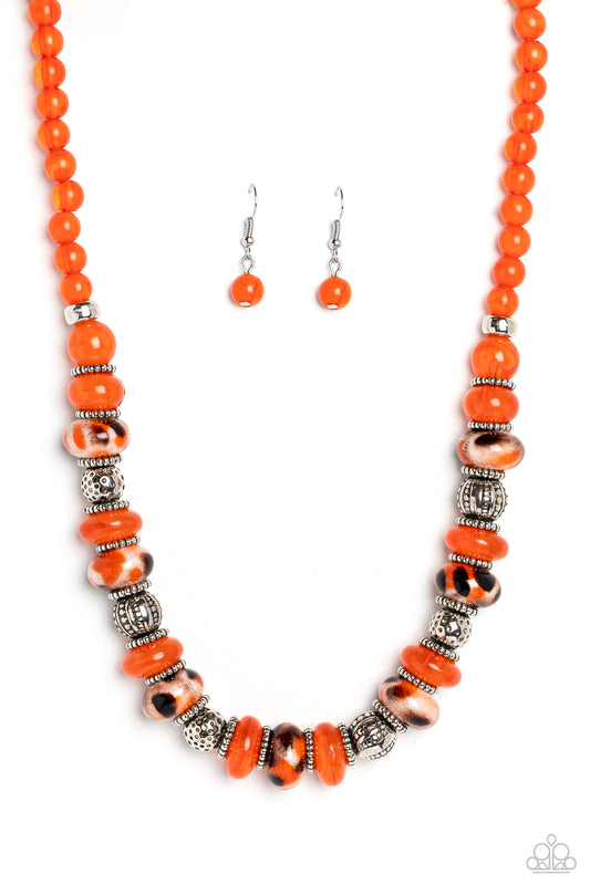 Paparazzi Warped Whimsicality - Orange Ceramic-Like Spotted Bead Necklace N1519