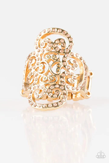 Regal Regalia Peach Rhinestone Gold Ring Paparazzi R0091