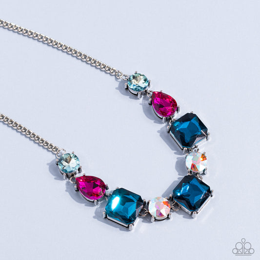 Elevated Edge - Multi Fuchsia, Light & Dark Blue And Iridescent Rhinestone Necklace Life Of The Party March 2023 Paparazzi N1449