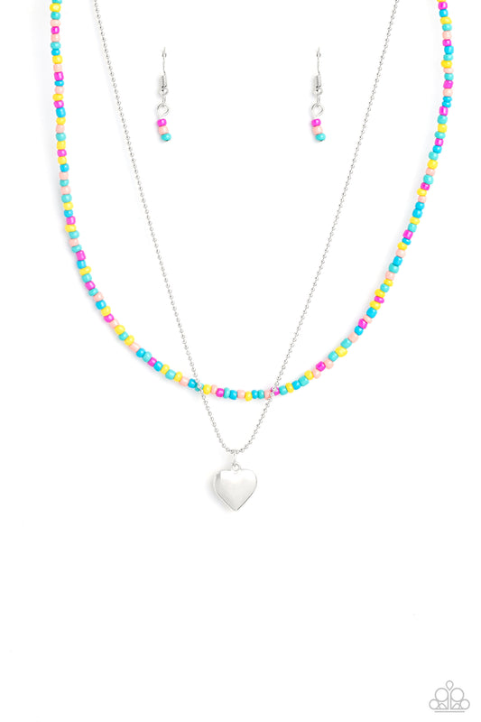 Candy Store - Multicolored Seed Bead Silver Heart Necklace Paparazzi N1300
