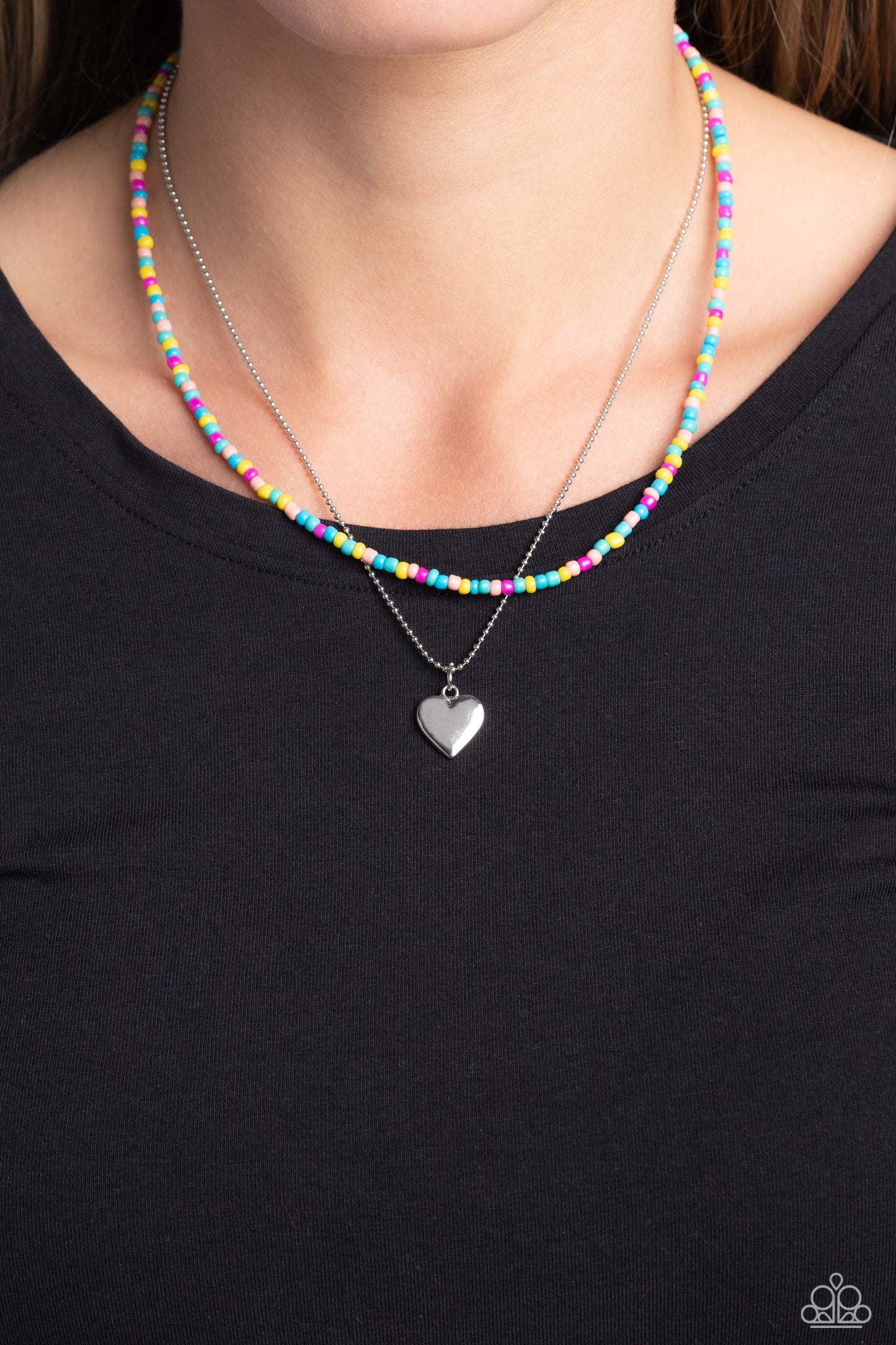 Candy Store - Multicolored Seed Bead Silver Heart Necklace Paparazzi N1300