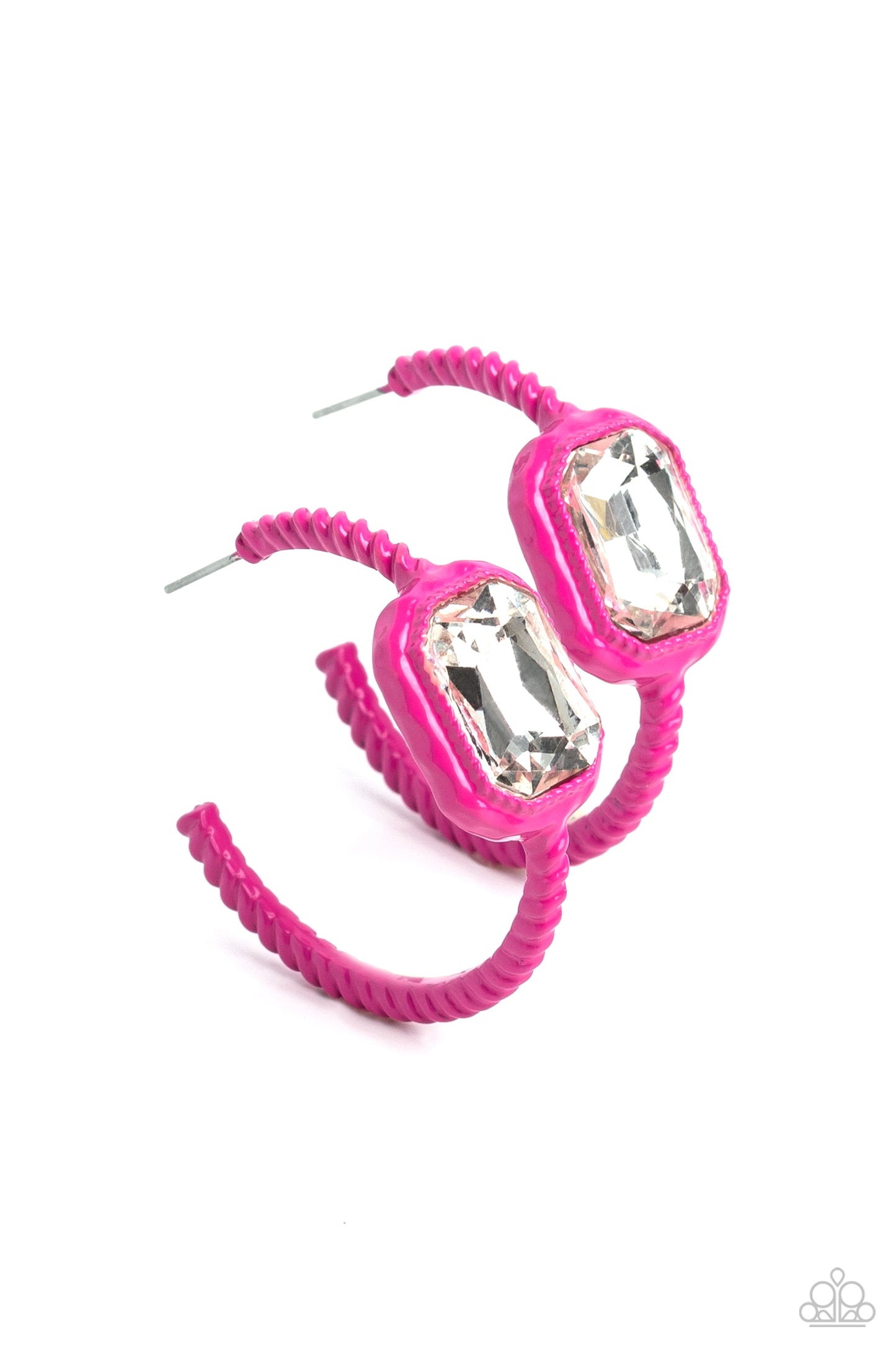 Call Me TRENDY - Pink 1 1/2 Inch Hoop White Gem Earring Paparazzi E1650