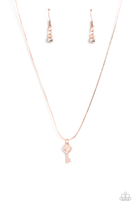 LOVE-Locked - Rose Gold Key Heart Pendant Necklace Paparazzi N2011