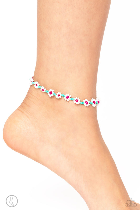 Midsummer Daisy - Blue Seed Bead Flower Stretch Anklet Paparazzi B1160