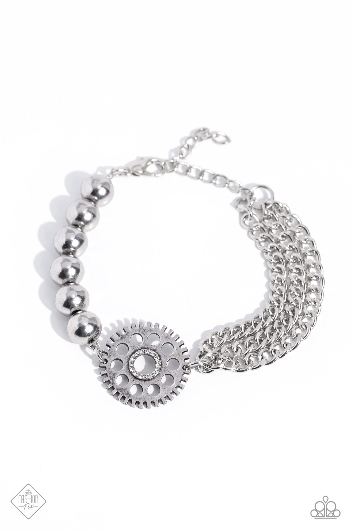 Age of STEAMPUNK - White Rhinestone Silver Steampunk Style Bracelet Paparazzi B1237