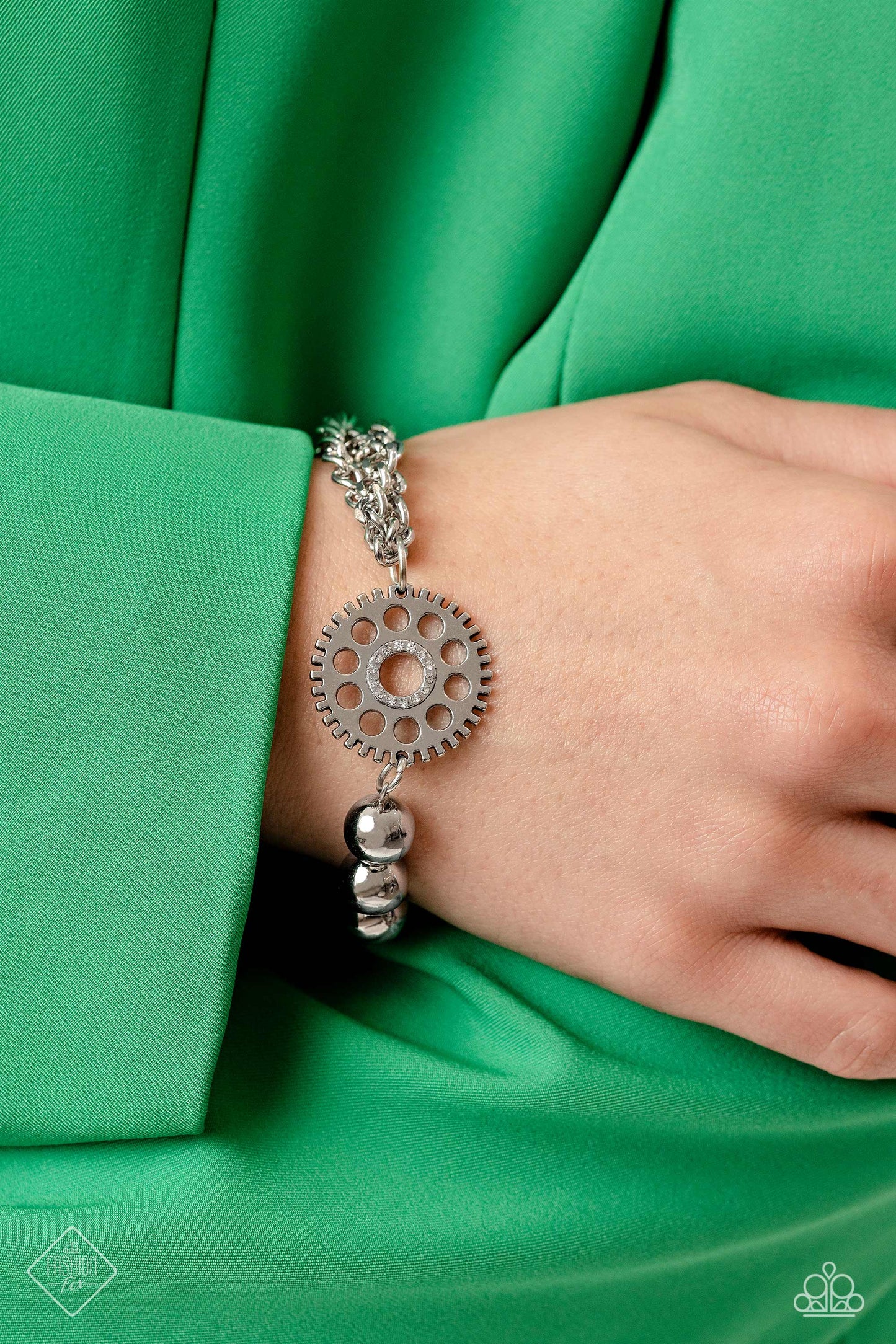 Age of STEAMPUNK - White Rhinestone Silver Steampunk Style Bracelet Paparazzi B1237