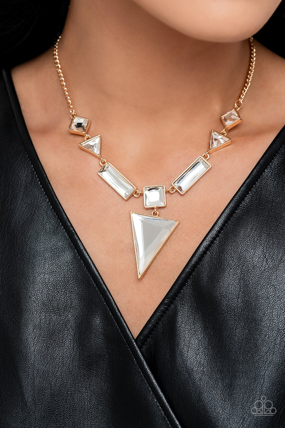 Fetchingly Fierce - Gold & Glassy White Gem Necklace Life Of The Party July 2023 Paparazzi N1669