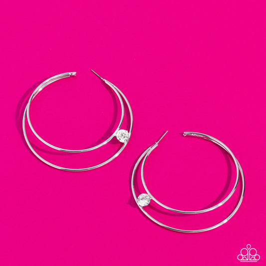 Theater HOOP - White Rhinestone 2 Inch Hoop Earring Life Of The Party May 2023 Paparazzi E1415