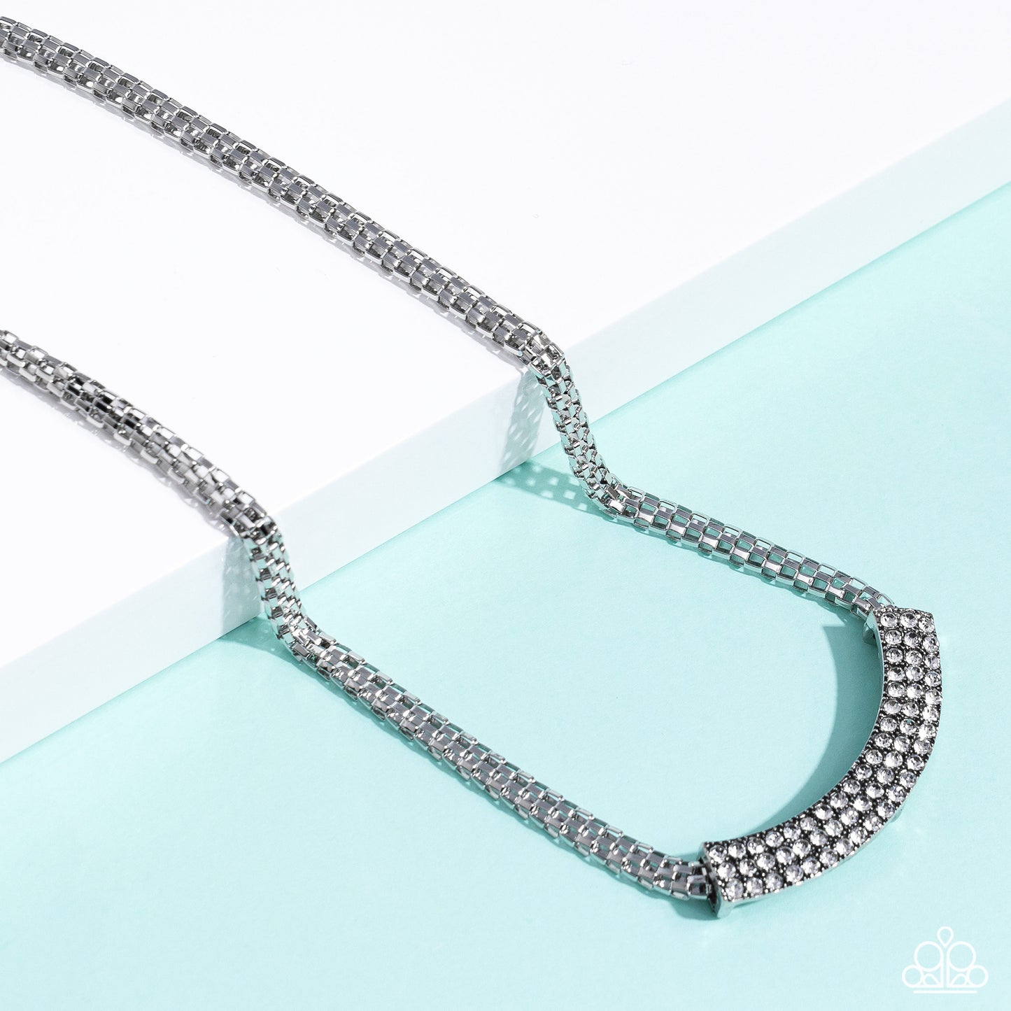 Swing Dance Dream - White Rhinestone Silver Mesh Chain Necklace Paparazzi N1775