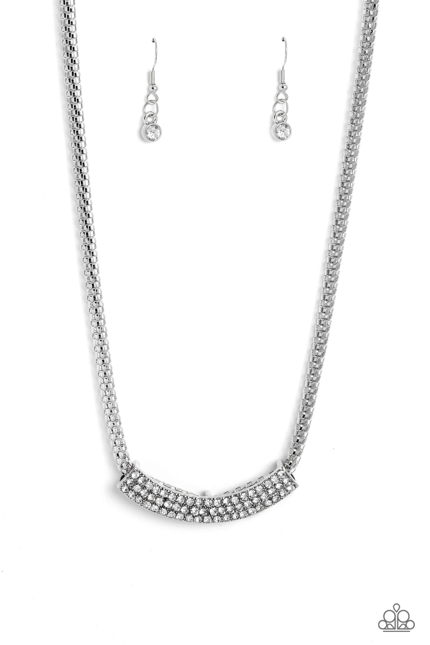 Swing Dance Dream - White Rhinestone Silver Mesh Chain Necklace Paparazzi N1775