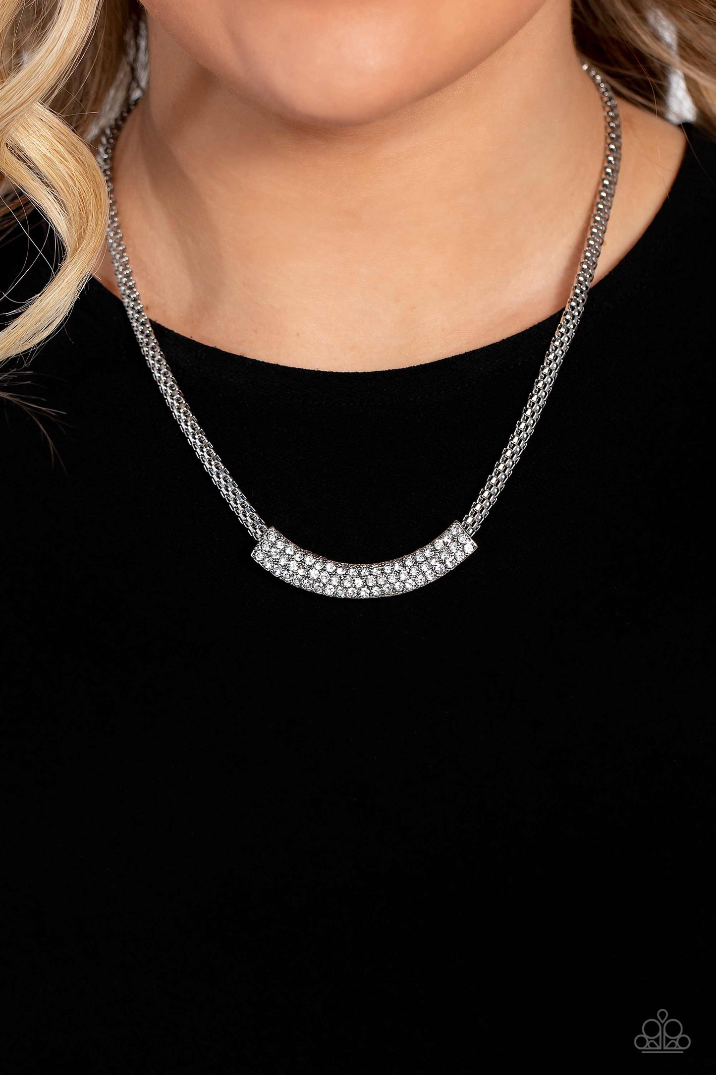 Swing Dance Dream - White Rhinestone Silver Mesh Chain Necklace Paparazzi N1775