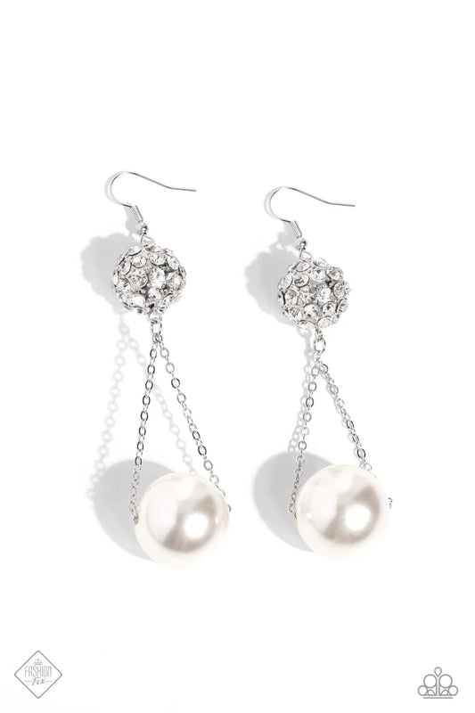 Ballerina Balance White Pearl & Rhinestone Earring Fashion Fix April 2023 Paparazzi E1295