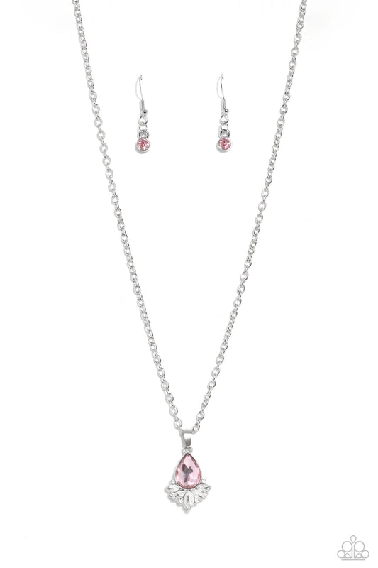 Fancy Fringe - Pink Solitaire Teardrop Gem White Rhinestone Necklace Paparazzi N1948