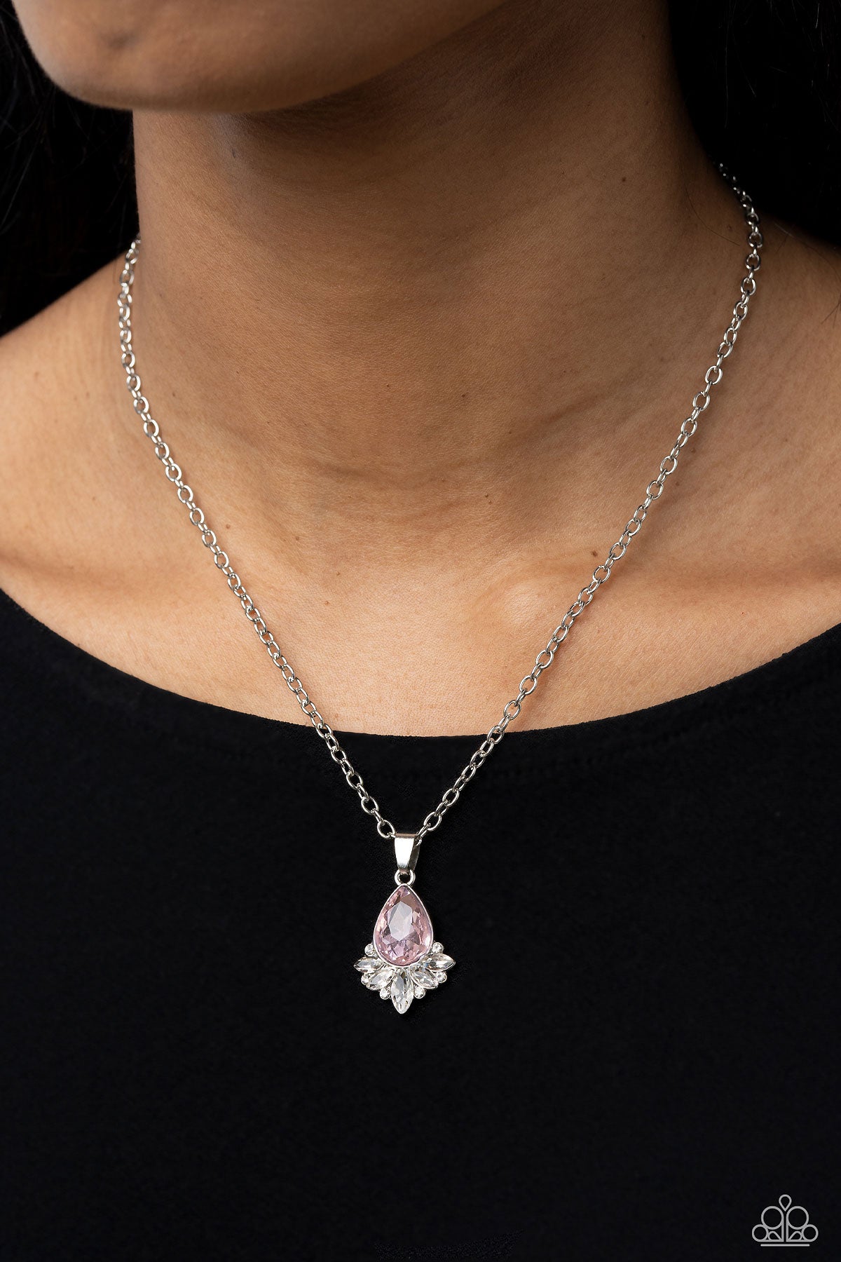 Fancy Fringe - Pink Solitaire Teardrop Gem White Rhinestone Necklace Paparazzi N1948