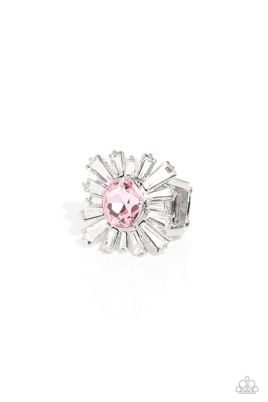 Starburst Season - Pink Centerpiece Gem White Rhinestone Ring R0538