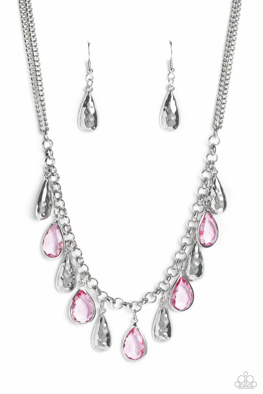 Teardrop Timbre - Pink & Silver Teardrop Necklace Paparazzi N1879