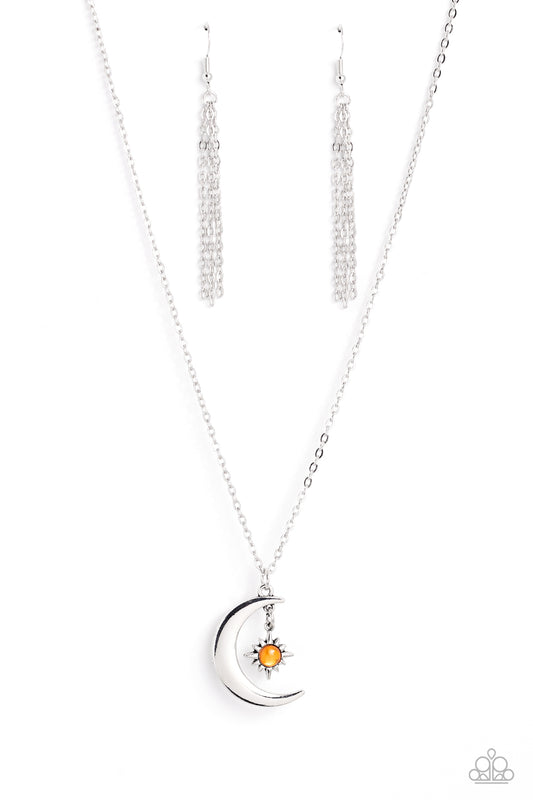 Stellar Sway - Orange Glassy Bead Silver Moon & Star Necklace Paparazzi N1897