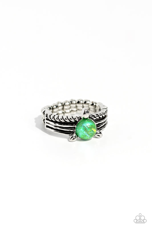 Sinuous Spotlight - Green Opalescent Glassy Bead Ring Paparazzi R0636