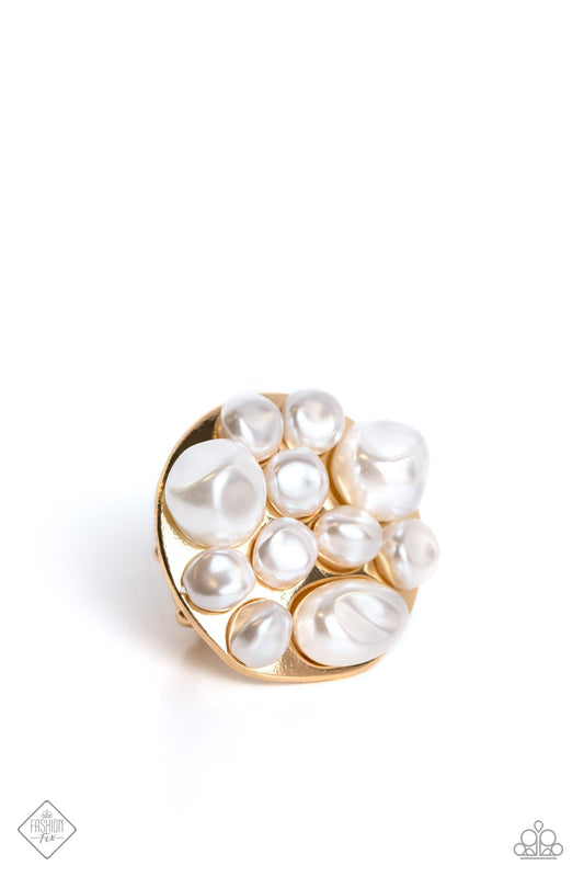 SEA Reason - Gold White Pearl Ring Fashion Fix August 2023 Paparazzi R0508