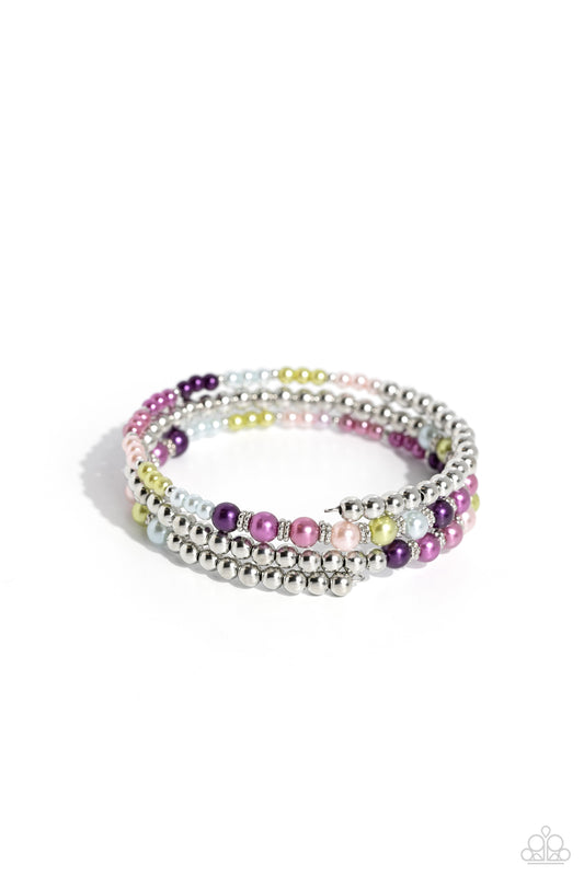 Just SASSING Through - Multi Colored Pearl, Silver Bead Coil Bracelet Paparazzi B1428