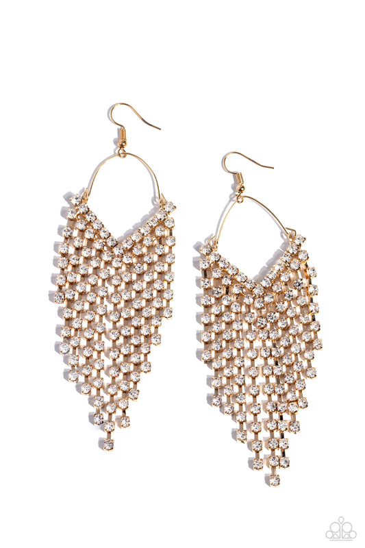 V Fallin - Gold & White Rhinestone Chandelier Earring Paparazzi E1613