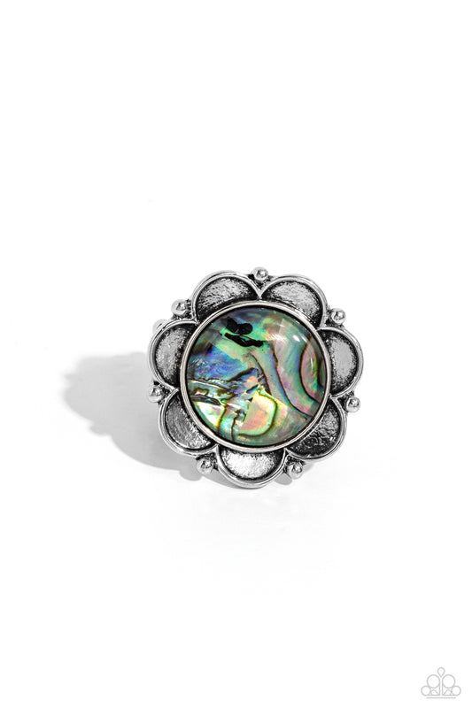 Artistic Accomplishment - Blue Faux Abalone Shell Silver Flower Ring Paparazzi R0662