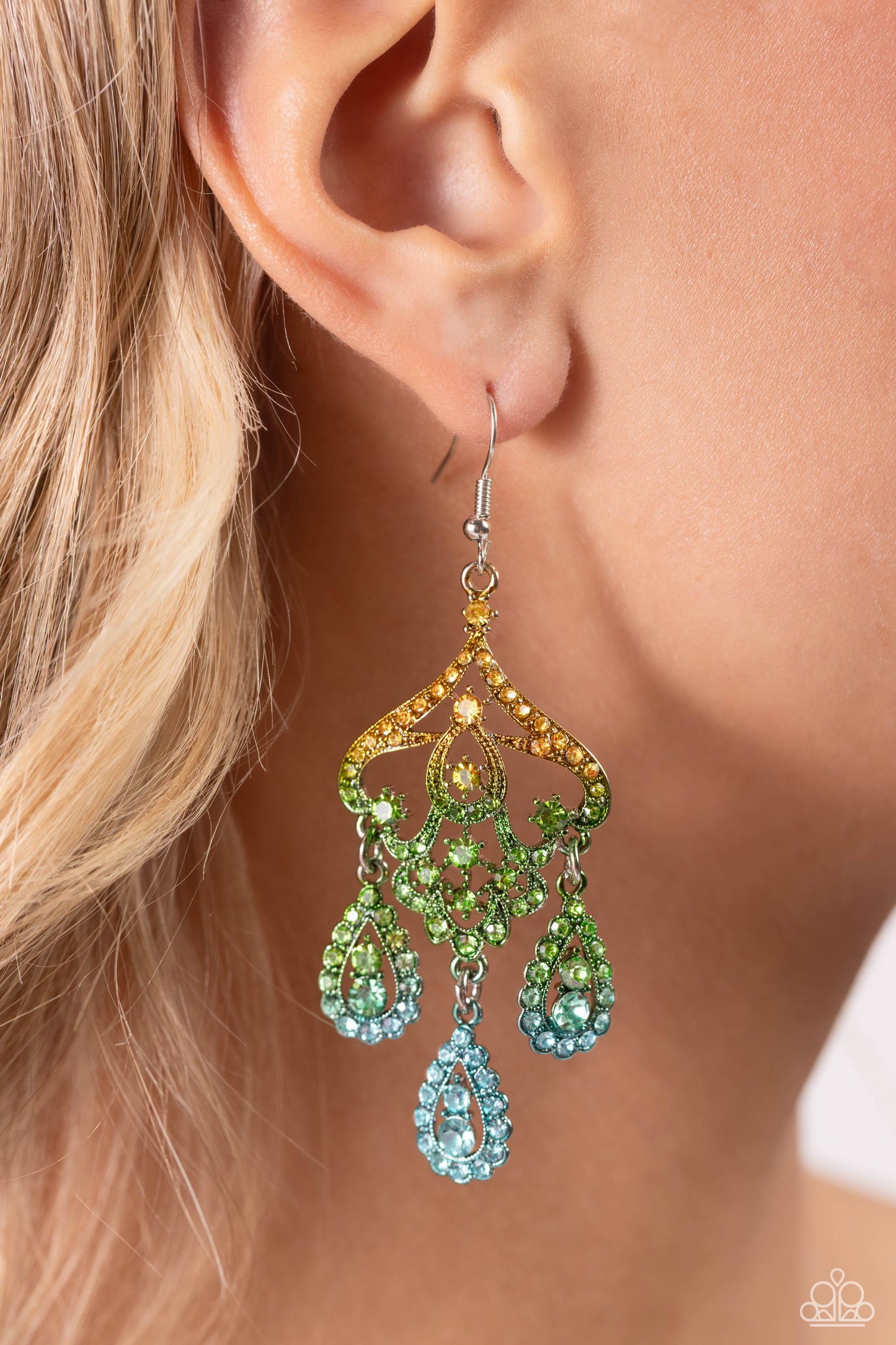 Chandelier Command - Multi Colored Ombre' Yellow to Green to Blue Rhinestone Earring Paparazzi E1489