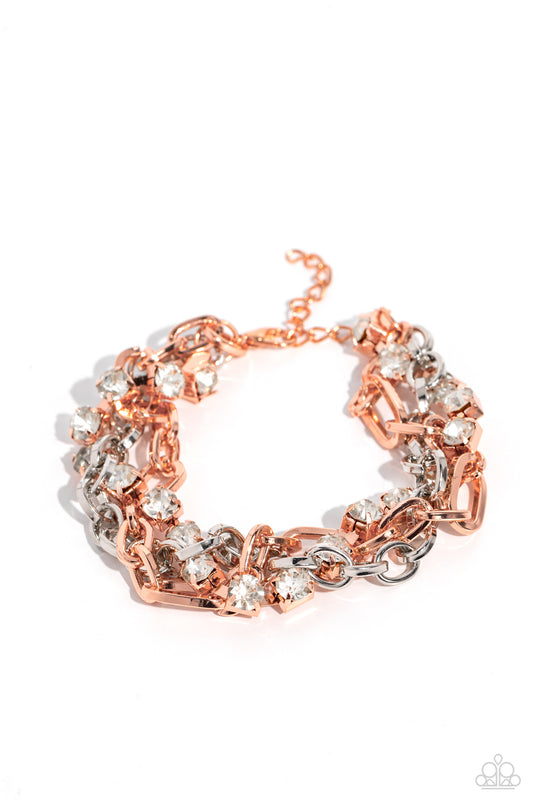 Two-Tone Taste - Copper & Silver Intertwined Chain White Gem Bracelet Paparazzi B1235