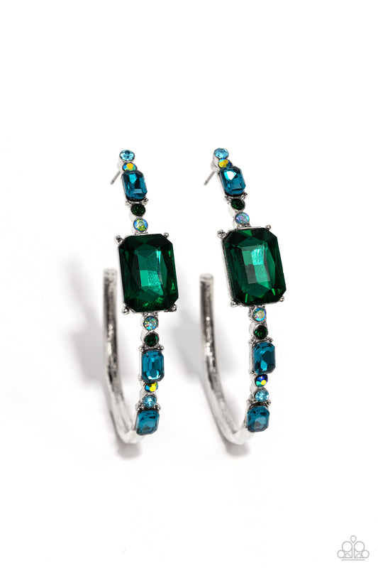Elite Ensemble - Green Aquamarine & Emerald Gem 2" Long Hoop Earring 2023 Convention Exclusive Paparazzi E1523