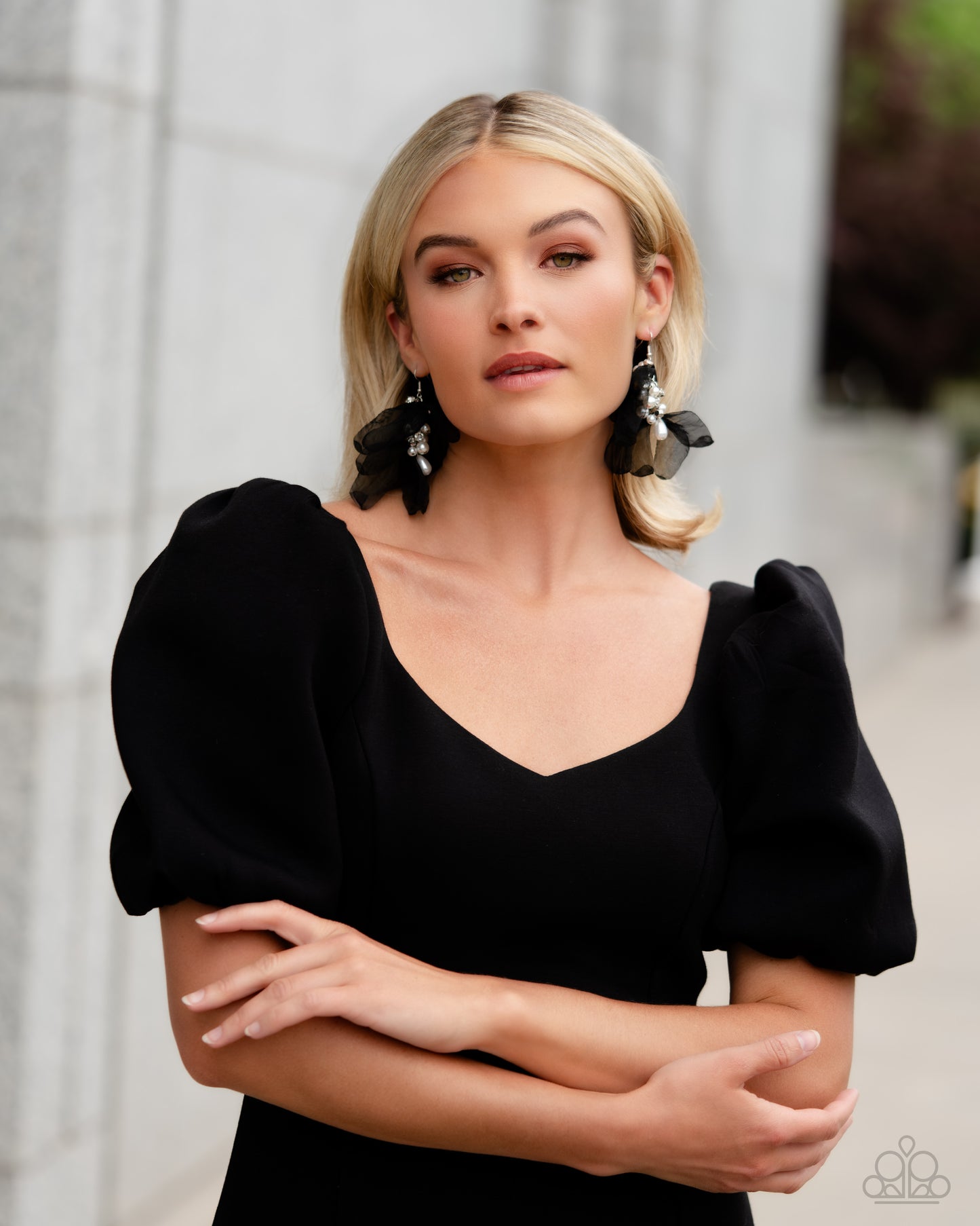 Paparazzi Cosmopolitan Charisma - Black Ribbon White Pearl & Gem Earring 2023 Convention Exclusive E2708