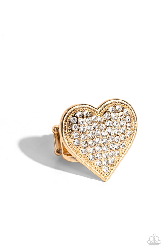 Sweet Serendipity - Gold & White Rhinestone Heart Ring Paparazzi R0686