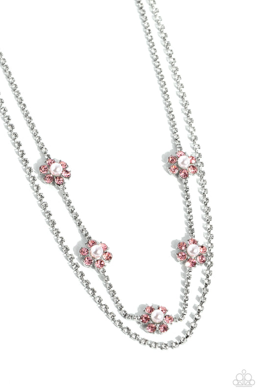 A SQUARE Beauty - Pink & White Rhinestone Flower Necklace Paparazzi N1993