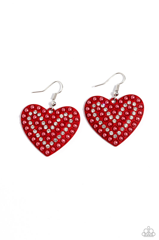 Romantic Reunion - Red Pearl White Rhinestone Heart Earring Paparazzi E1961