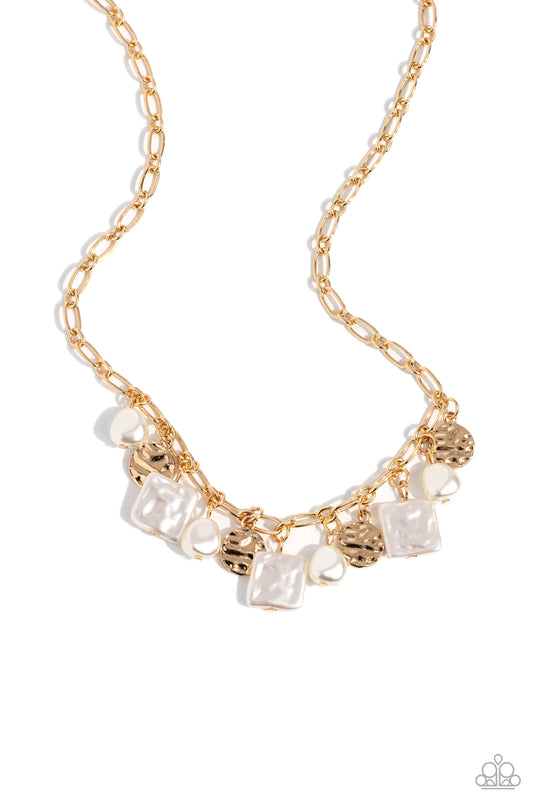 Sophisticated Squared - Gold Hammered Disc, Baroque & Squared White Pearl Necklace Paparazzi N2118