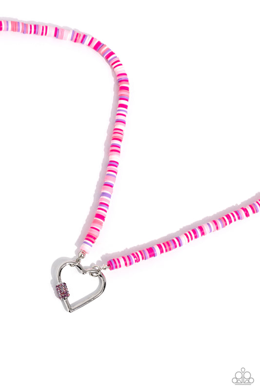 Clearly Carabiner - Pink, White & Purple Rhinestone Encrusted Carabiner Silver Heart Necklace Paparazzi N3020