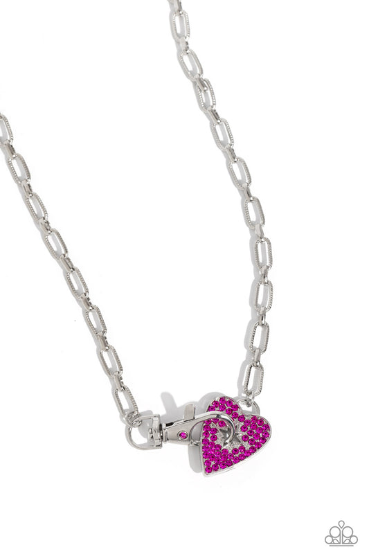 Radical Romance - Pink Fuchsia Rhinestone Heart & Silver Paperclip Chain Necklace Paparazzi N2029