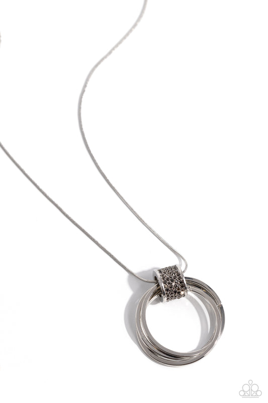 In the Swing of RINGS - Silver Snake Chain, Hoop & Hematite Rhinestone Encrusted Ring Necklace Paparazzi N2154