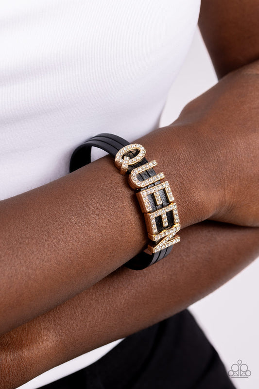 Queen of My Life - Gold Letters White Rhinestone "QUEEN" Black Leather Magnetic Closure Bracelet Paparazzi B1489