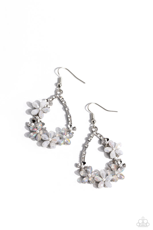 Boisterous Blooms - White, Iridescent & Silver Flower Earring Paparazzi E1694